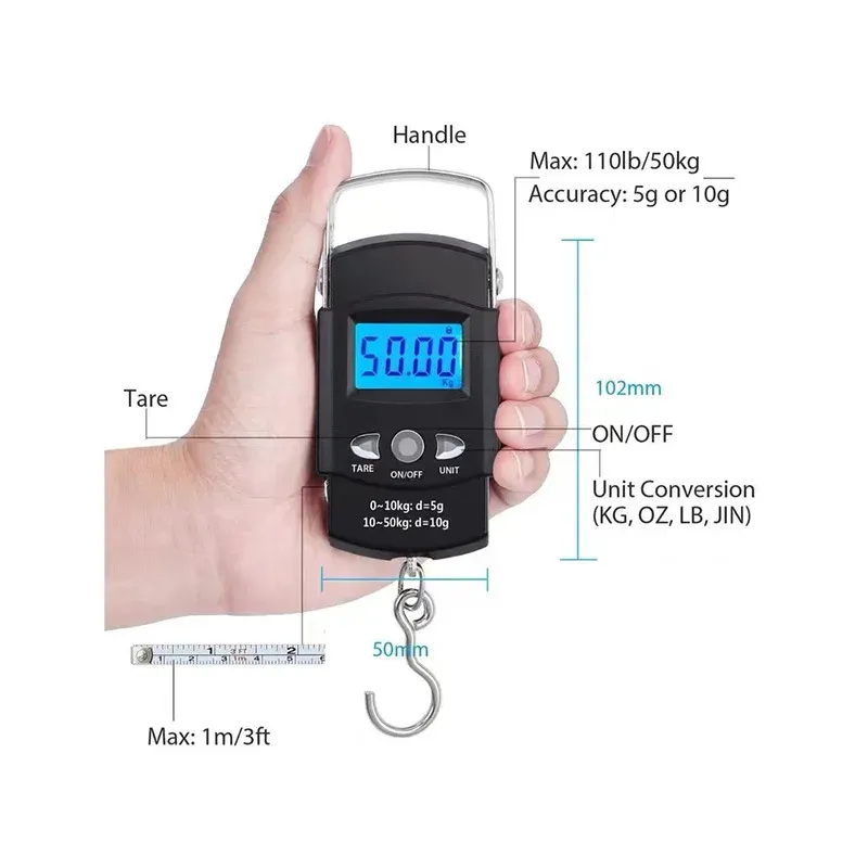 110lb/50kg Elektronische Waage, blaue Hintergrundbeleuchtung, LCD-Display mit Messline, Bandwaage, digitales Angel-Hängehaken-Skala-Werkzeug