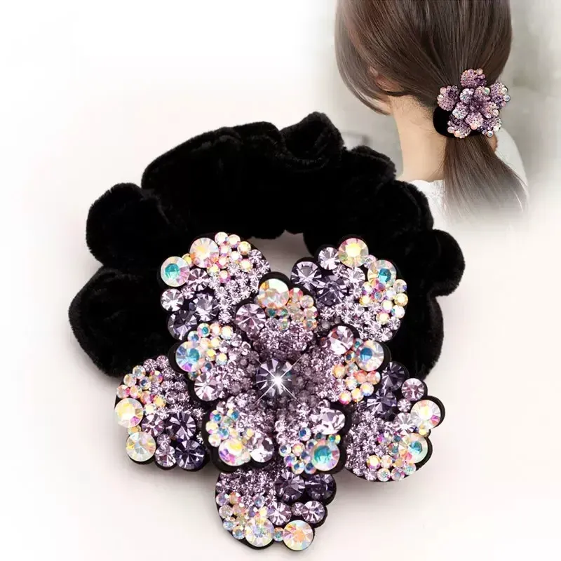 Frauen Strass Scrunchies Samt Elastische Haarbänder Blume Haar Seil Ringe Pferdeschwanz Halter Kristall Kopfbedeckung Haar Zubehör