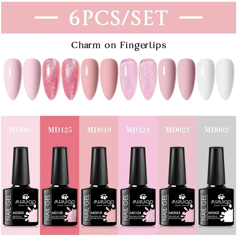 MSRUIOO 6-teiliges nacktes rosa Gel-Nagellack-Set, Glitzer, bunt, semi-permanent, UV-Gel-Set, DIY, Nagelkunst, Malerei, Lack, Maniküre