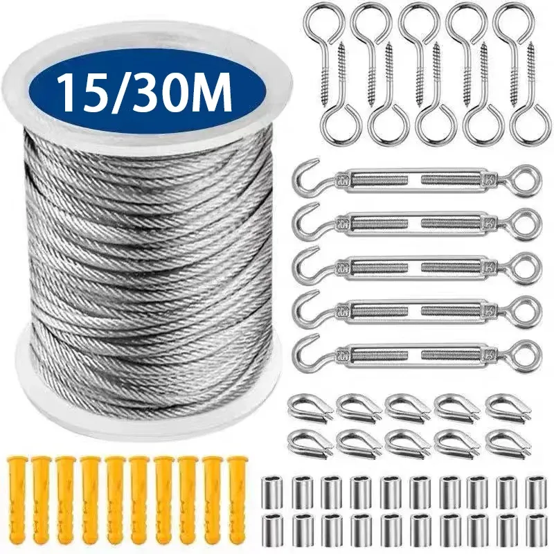 15/30 m Edelstahl-Kabelseil-Sets, robust, für Garten, Draht, Kabel, Balkon, Geländer, Bauernhof, Zaun, Zelt, Rolle 304, PVC-beschichtet