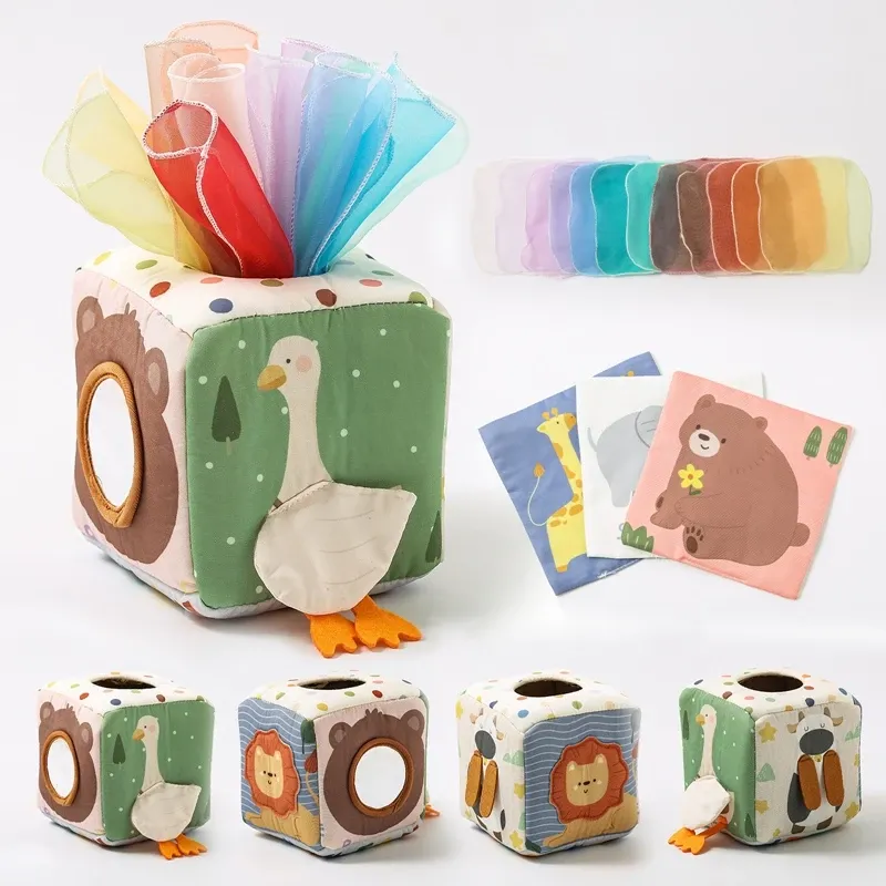 Montessori-Spielzeug Magische Baumwoll-Tier-Taschentuchbox Kinder-Fingerfertigkeits-Übungsbrett Lernspielzeug für Babys Sensorisches Spiel Geschenke