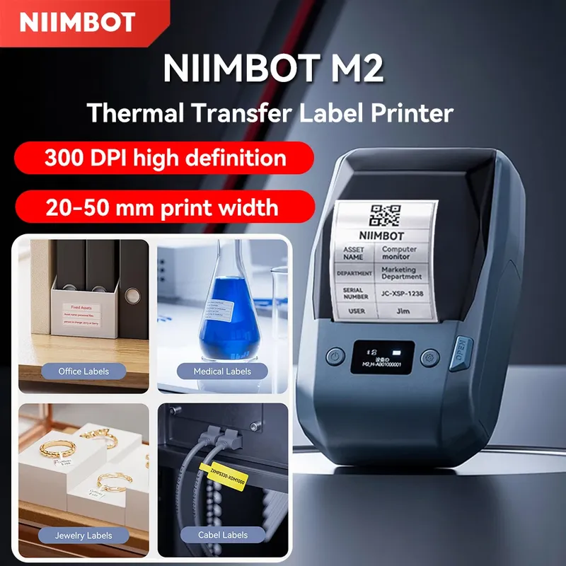 Niimbot M2 Thermo-Transfer-Etikettendrucker, 300 DPI, hochauflösend, kabellos, 20–50 mm Druckbreite, Etikettendrucker, unterstützt Telefon/PC