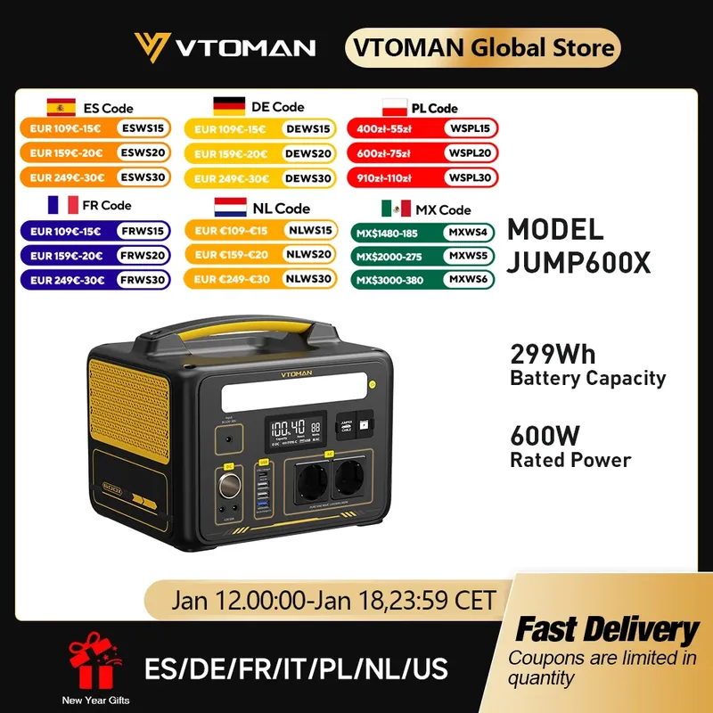 VTOMAN JUMP 600X tragbares Kraftwerk 299 Wh Solargenerator LiFePO4 1200 W Peak Power Powerstation Notfall-Backup