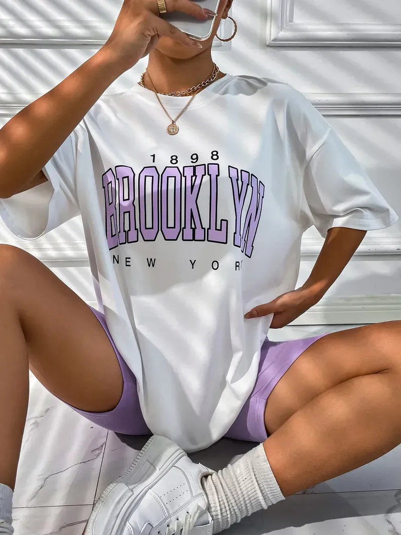 Vintage 1898 Brooklyn New York Damen T-Shirts, Übergröße, amerikanische Kurzarm-Freizeitkleidung, Street Woman Tops