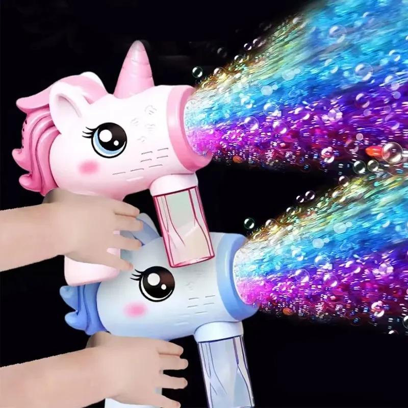 2024 Einhorn elektrische Blase Pistole Kinder Spielzeug Blasen Maschine automatische Seifen gebläse mit Licht im Freien Party Spiele Kinder Geschenk Spielzeug