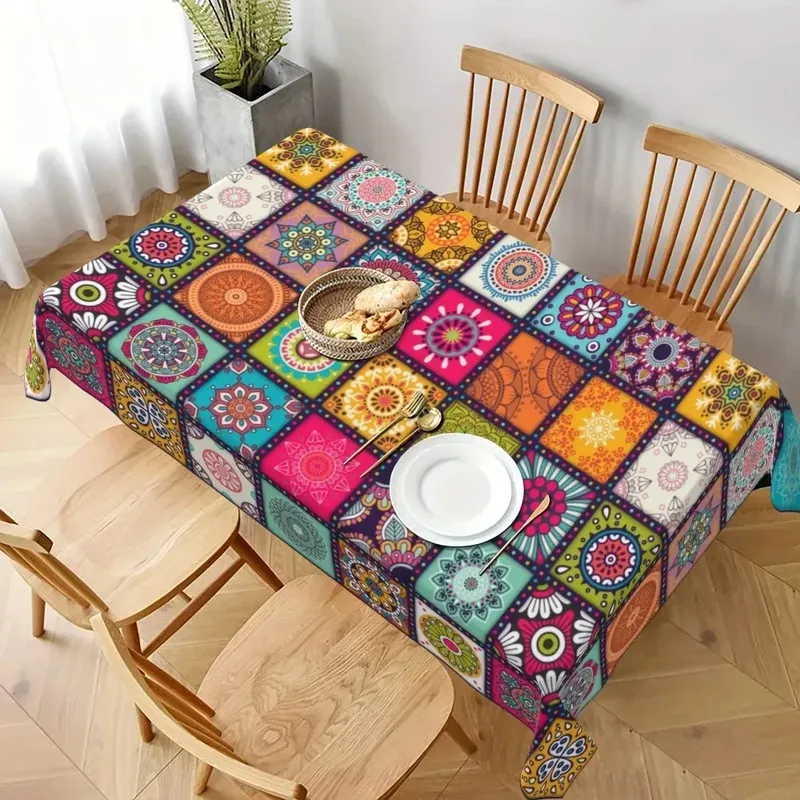Rechteckige Polyster-Boho-Tischdecke, Mandala, böhmischer Zyklus, bunte Tischdecke, Festival, Urlaub, Party, Tischdecke, Heimdekoration