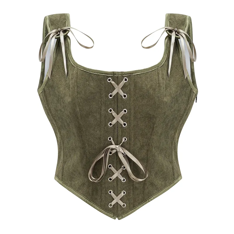 Armee Grün Viktorianischen Vintage Weste Weibliche Seite Zipper & Front Lace Up Tank Top Korsett Punk Goth Kleidung Sexy Mieder feminino