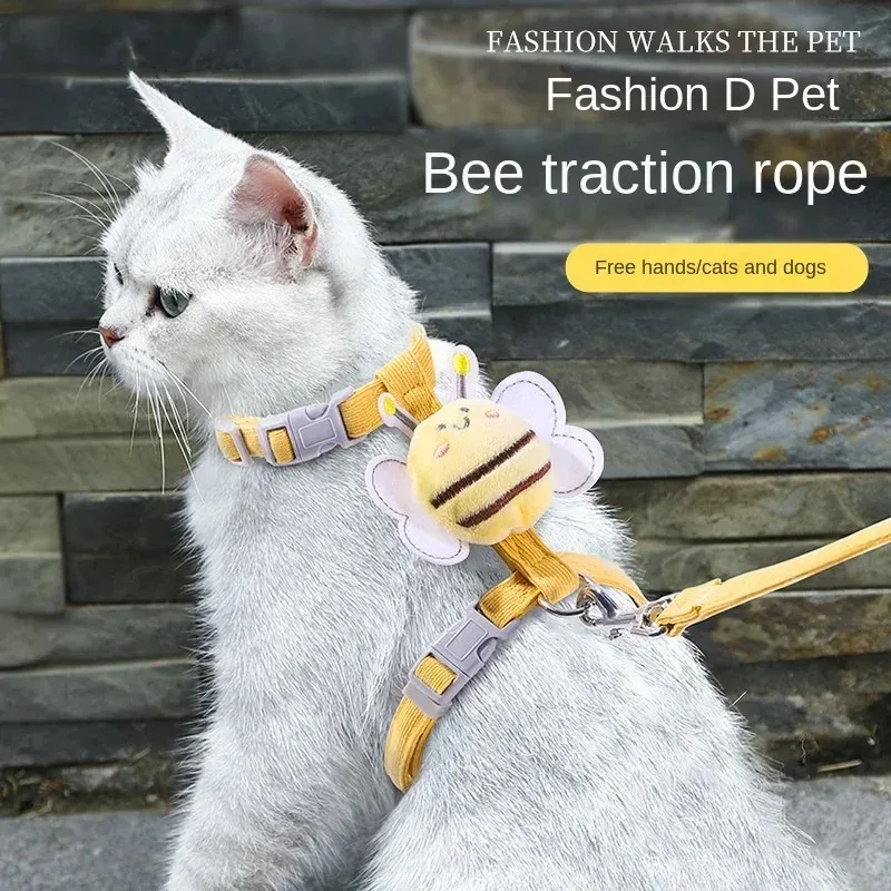 Katzengeschirr, Leine, Halsband-Set, verstellbar, Cartoon-Biene, doppellagiges Hundegeschirr für kleine, mittelgroße Haustierhalsband, Leine, Spaziergänge im Freien