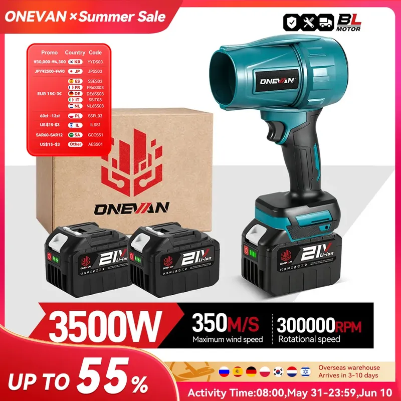 ONEVAN 3500W Bürstenloser Elektro-Turbolüfter, Hochleistungs-Laub-, Staub- und Schneefräse, Autotrockner, kompatibel mit Makita 18V Akku.