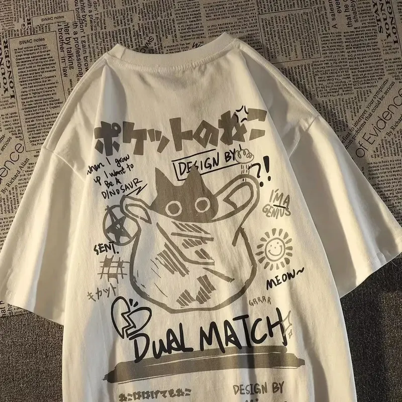 Sommer Japanische Retro Tasche Katze Cartoon Gedruckt Kurzarm T-shirt Männlich Weiblich Paare Unisex College Stil Übergroßen Top
