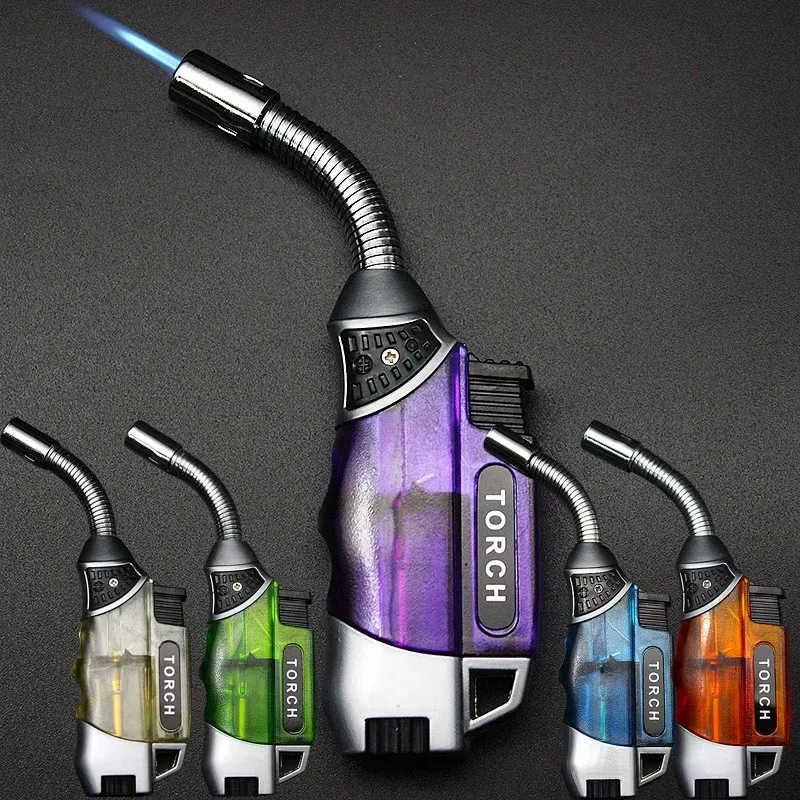 Flexibles, winddichtes Butangas-Feuerzeug, transparenter Körper, Hochleistungs-Turbo-Fackel aus Metall zum Schweißen, ungewöhnliches Feuerzeug, Geschenk für Männer