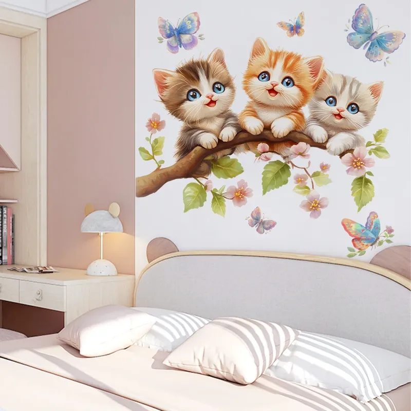1 Stück Aquarell Cartoon Nette Katze auf Baum Zweig Wandaufkleber für Kinderzimmer Dekoration Wandtattoos Schlafzimmer Dekoration Wohnkultur