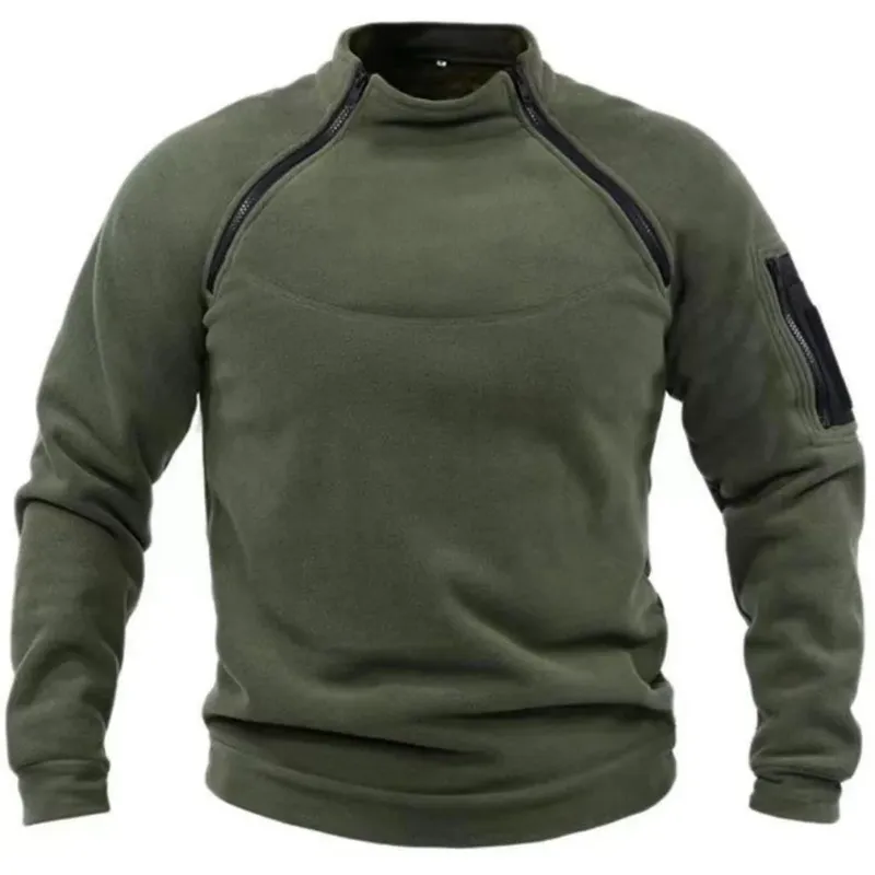 Herren-Sweatshirt aus Polarfleece für den Außenbereich, warm, atmungsaktiv, taktischer Reißverschluss, Stehkragen, lange Ärmel, lässig, einfarbig