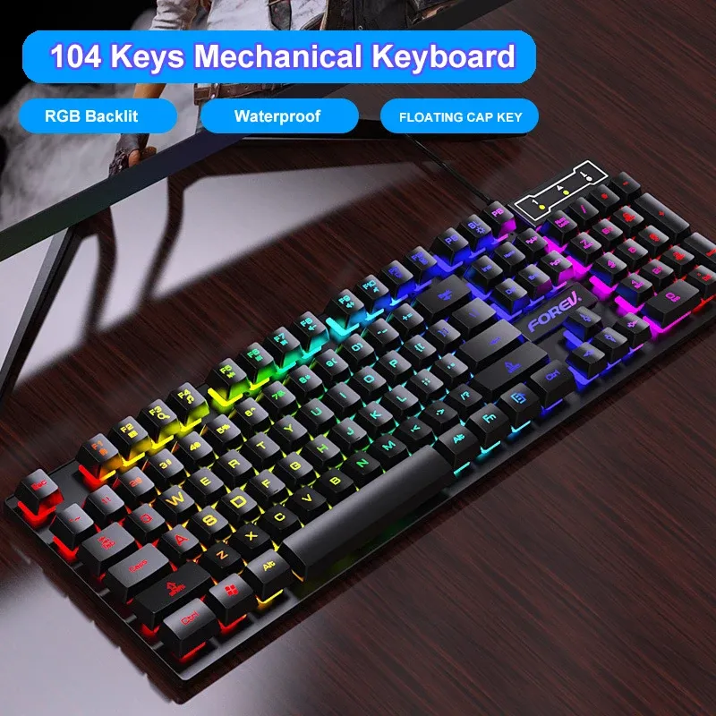 104-Tasten-Tastatur mit mechanischem Gefühl, kabelgebundene Gaming-Tastatur für Laptop, Desktop, Ergonomie, RGB-Hintergrundbeleuchtung, LED-Tastenkappen, PC-Zubehör