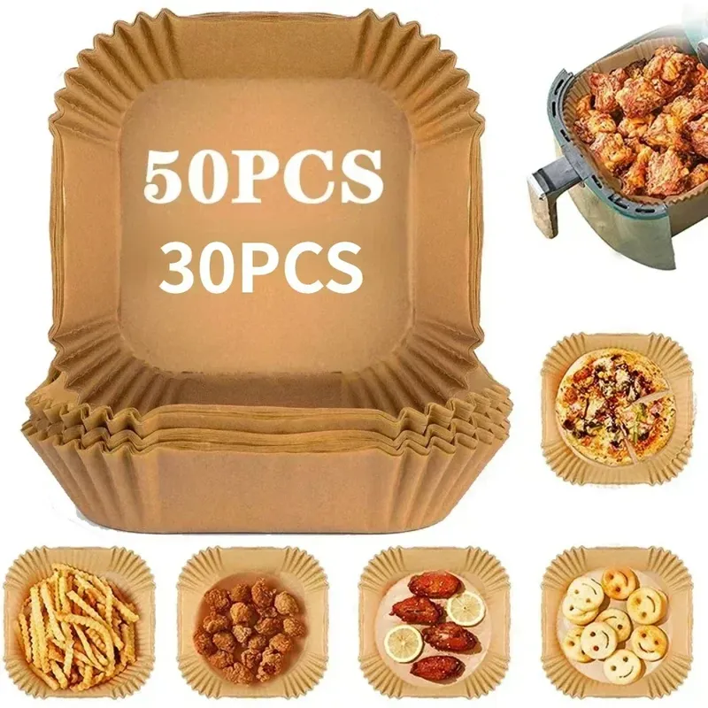 50/30 Stück Küchenzubehör Luftfritteuse Papier Küchenutensilien Einweg quadratisch rund Gebäckformen BBQ Platte Antihaft-Pad