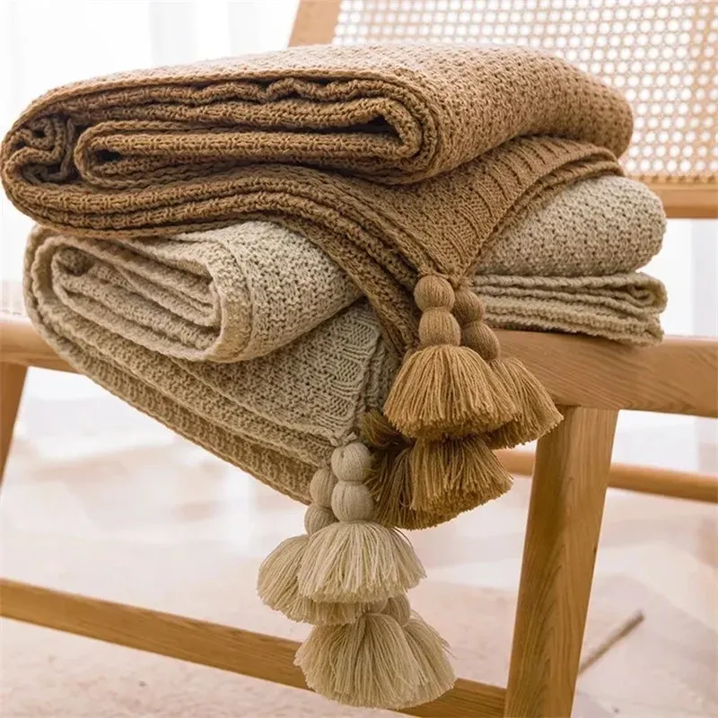 Nordische Decken für Bett Sofa Couch grob gestrickte Tages decke gestrickte Decke mit Quaste einfarbige Waffel geprägte Decke