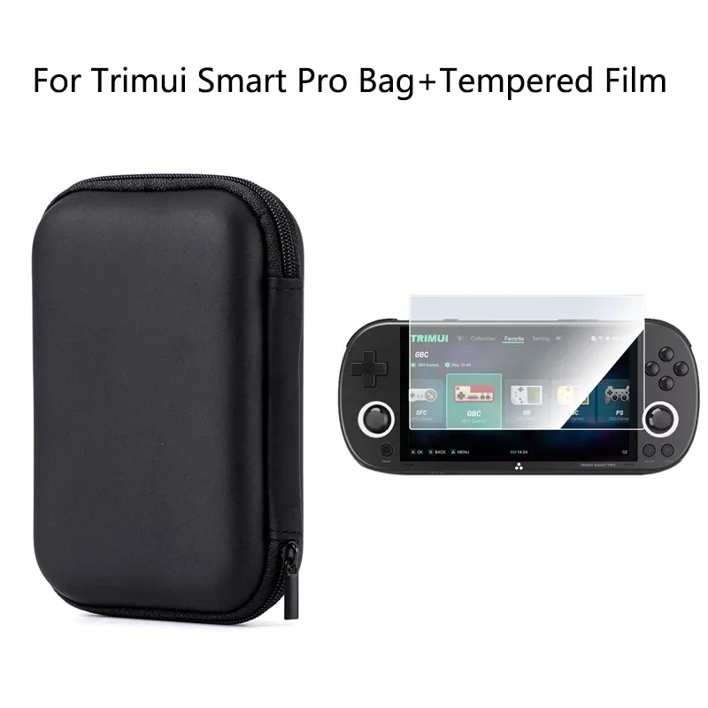 Für Trimui Smart Pro Handheld Spielkonsole 9H Gehärtetes Glas Film Screen Protector + Tragbare Wasserdichte Harte Tragetasche fall
