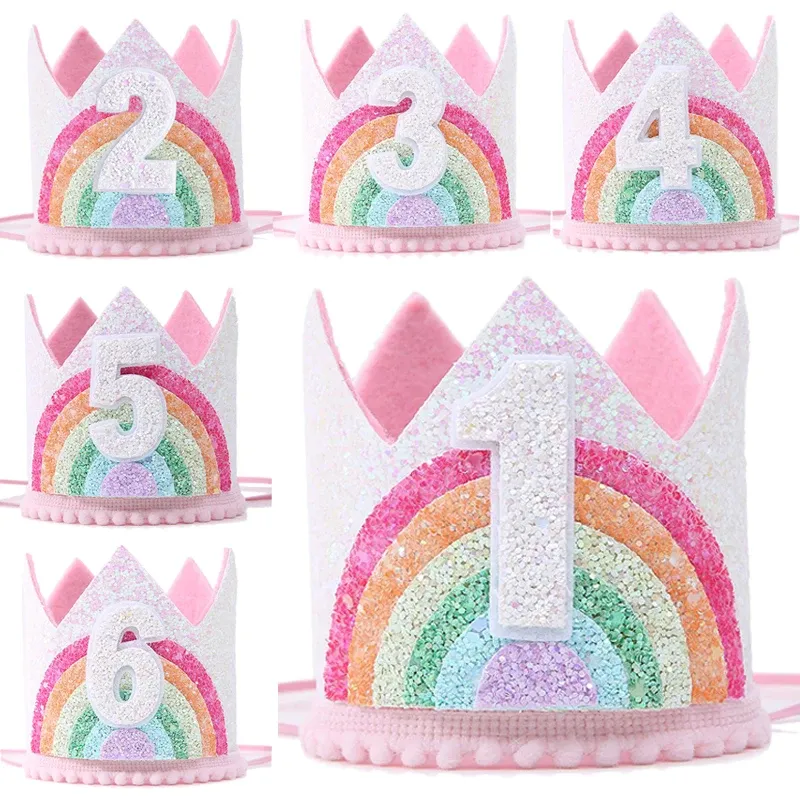 Filz Regenbogen Thema Geburtstag Party Krone 1. 2. 3. Alles Gute zum Geburtstag Party Dekor Kinder Baby Dusche Party Nummer Hut Einhorn Party