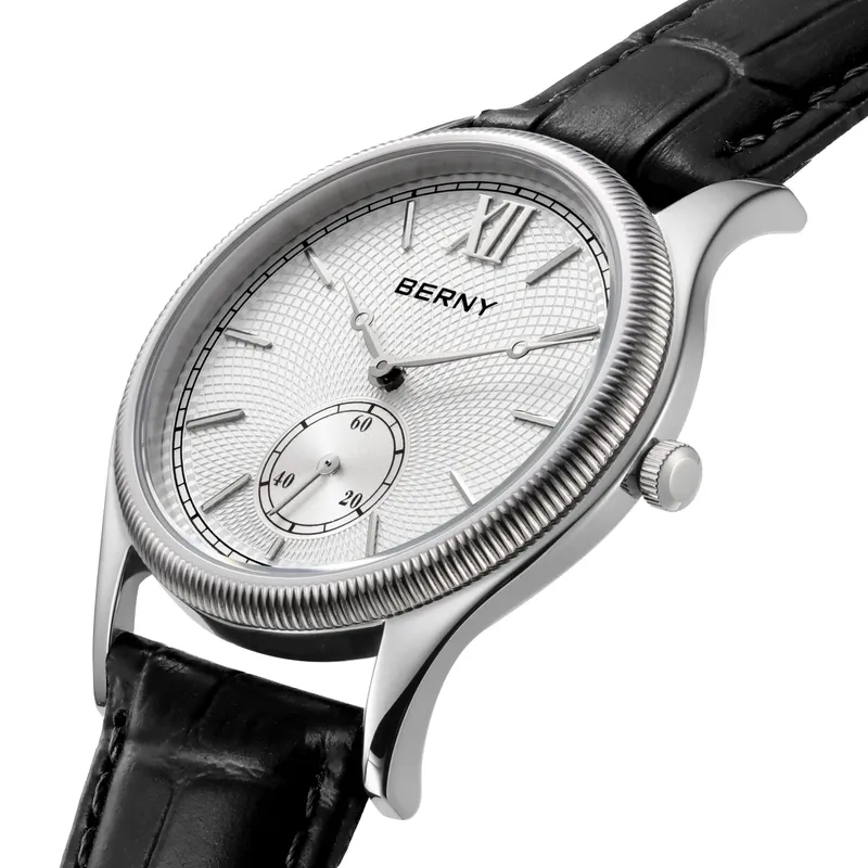 BERNY Herrenuhren, luxuriös, klassisch, stilvoll, Kleid, Quarzuhr, ultradünnes Edelstahlgehäuse, elegante Lederarmband-Armbanduhr
