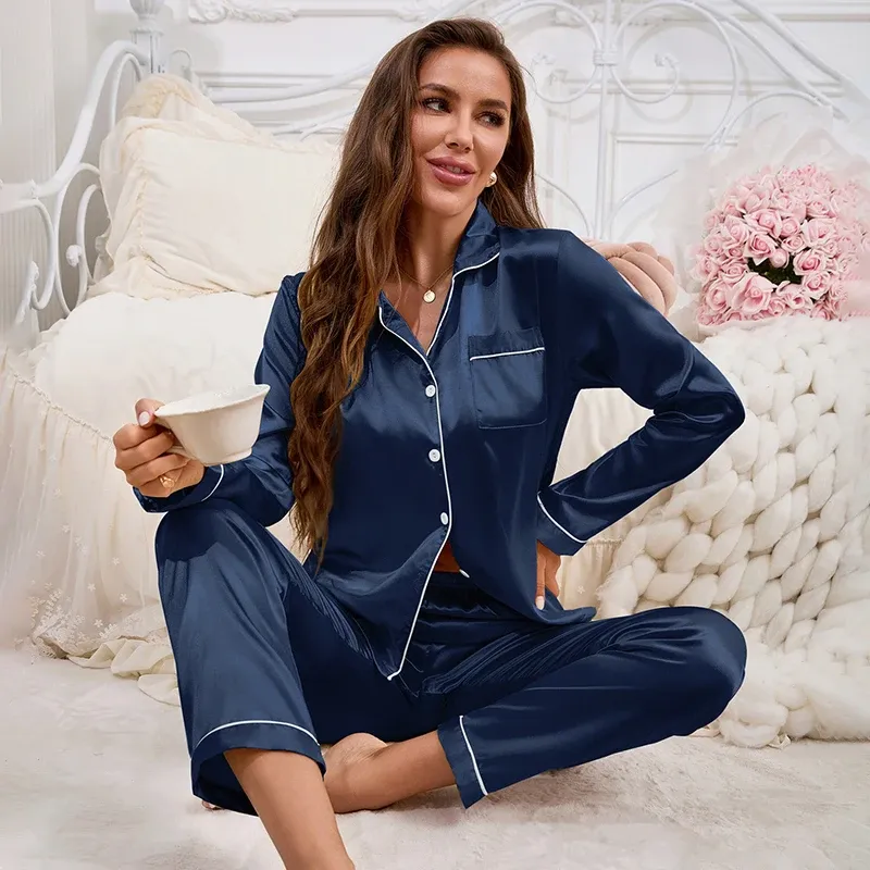 Damen-Pyjama-Set, Seide, Nachtwäsche, Anzug, Loungewear, Pyjama-Set, Satin, langärmelig, Oberteile mit Hosen, 2-teilig, Pyjama, Pyjama für Damen