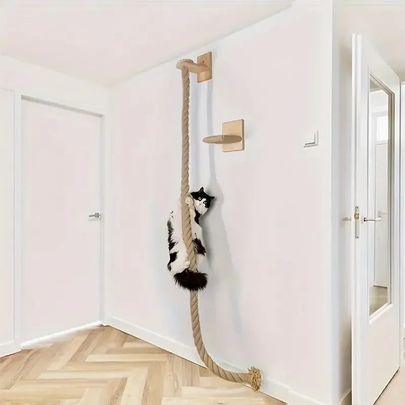 1-teiliges an der Wand montiertes Katzen-Kletterseil, Pedale aus massivem Holz und Sisalseil, Kätzchen-Trainingsklauen-Schleifen, Katzenmöbel für den Innenbereich