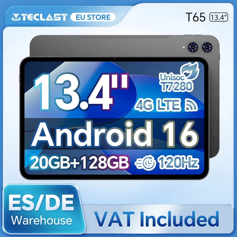 Teclast T65 Android 16 Tablet 13,4 Zoll 1920 x 1200 120 Hz T7280 8-Core Max. 20 GB RAM (8 GB + 12 GB Erweiterung) 128 GB ROM 4G LTE 8000 mAh