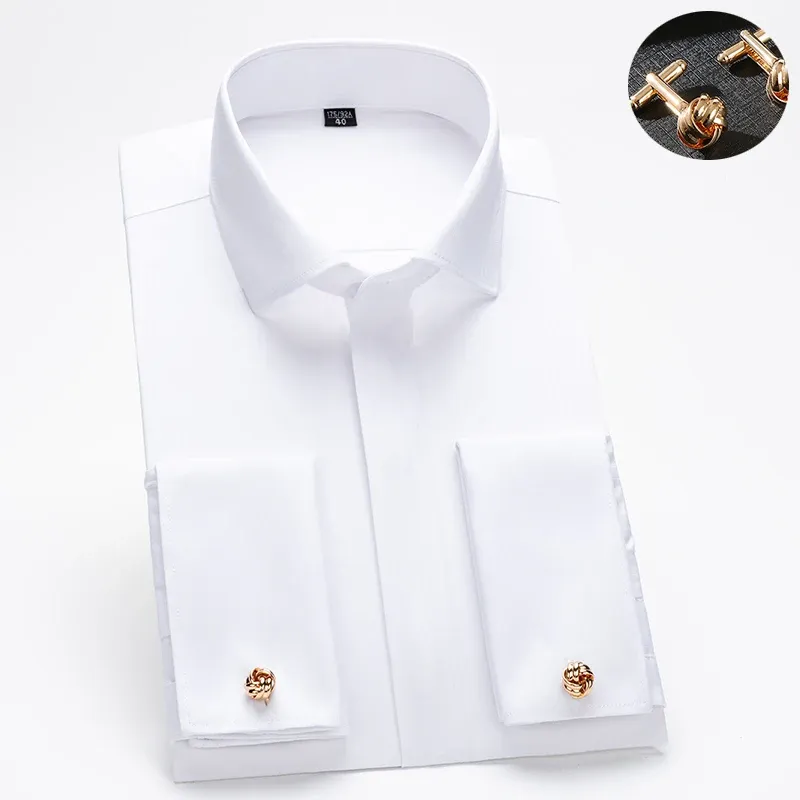 Französisches Manschettenknopfhemd für Herren mit langen Ärmeln, schmale Passform, verdeckte Knöpfe, einfarbig, High-End-Brautkleid für formelle Herren