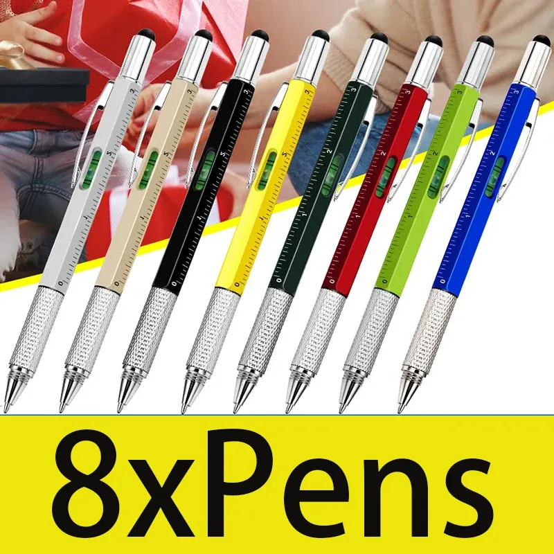 8 Stück 6-in-1-Multitool-Stift mit Lineal, technisches Werkzeug, Füllstandsanzeige, Schraubendreher, Multifunktions-Touchscreen-Kugelschreiber