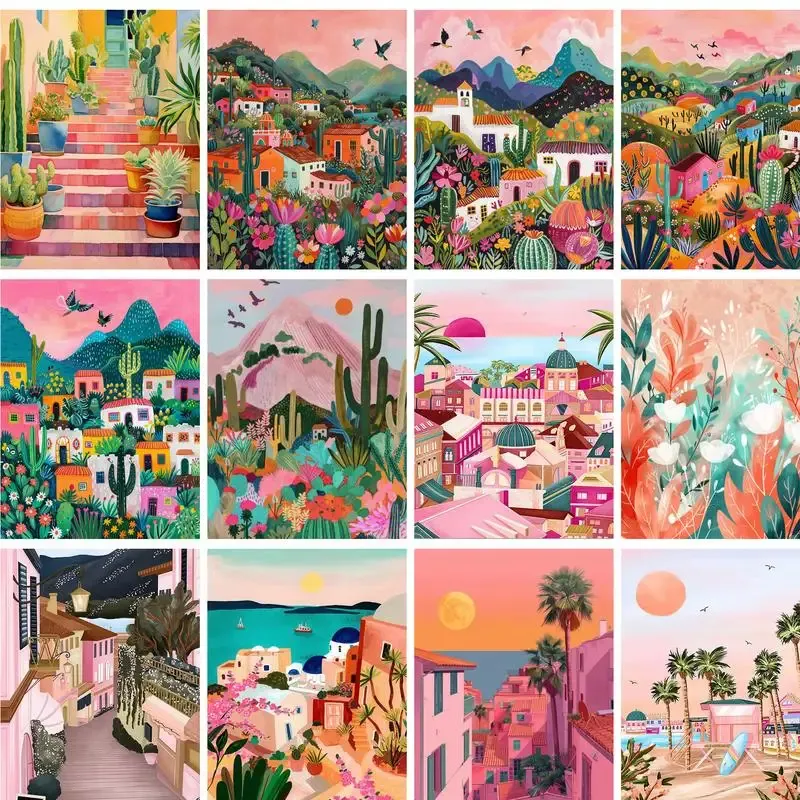 GATYZTORY DIY Ölgemälde nach Zahlen Kit Rosa Landschaft Acrylfarbe nach Zahlen Diy Zahlen Malerei Kunst auf Leinwand nach Zahlen