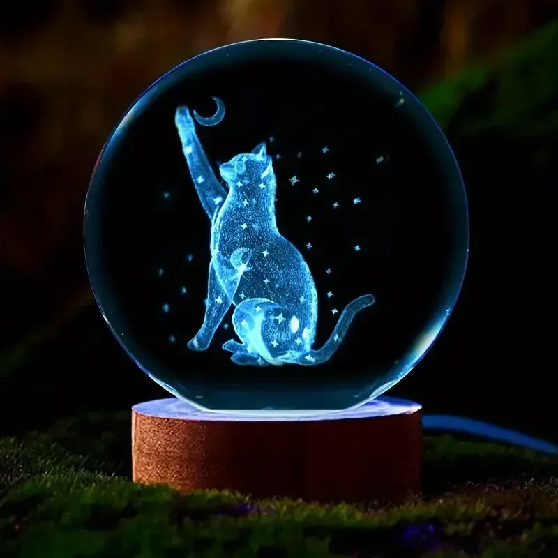 1 pc 3d Laser Katze und Mond Stern geschnitzt Kristall kugel Nachtlicht, ein Geschenk für Damen, die Katzen lieben, Indoor Statue Licht