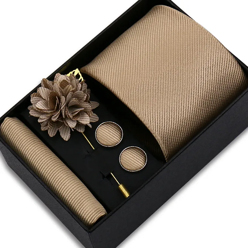 Top Qualität einfarbig Krawatten Einstecktuch Manschettenknöpfe Brosche Set elegante Jacquard Krawatte für Männer Business Hochzeit in Geschenkbox Gravatas