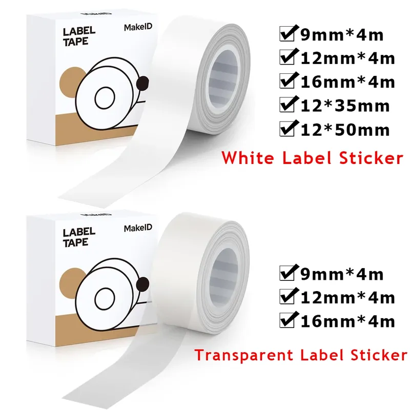 1 Rolle weiß/transparent 9 mm 12 mm 16 mm selbstklebendes Etikettendruckerpapier für MAKEID M1/L1/E1 Mini/Mini HD laminiertes Büro-Etikettenband