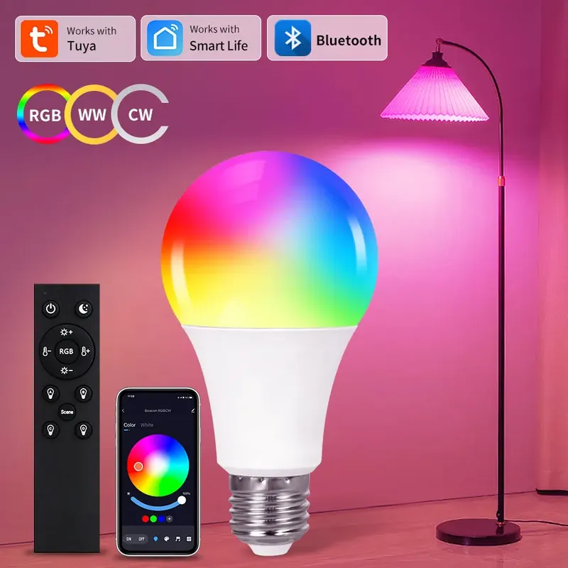 Tuya Smart LED Glühbirne E27 9W 220V Bluetooth RF Fernbedienung Gruppe Steuerung Smart Leben RGB Scheinwerfer für Bar Schlafzimmer Dekor Beleuchtung