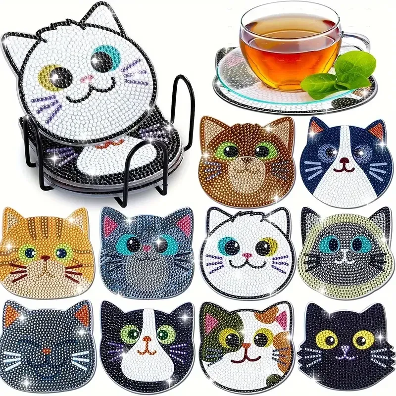 10-teiliges Untersetzer-Set mit Diamantmalerei, runde Untersetzer mit DIY-Cartoon-Katzenmuster, 10 x 10 cm