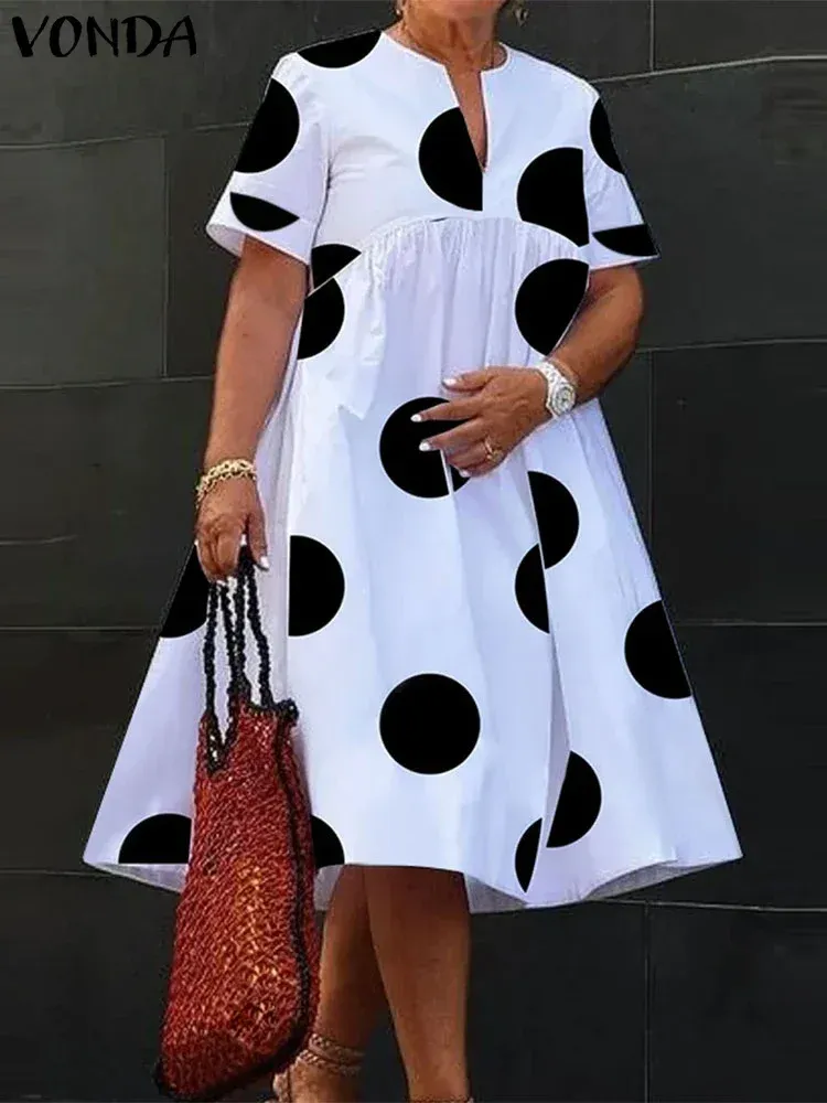 Vonda plus size 5xl frauen kleid sommer böhmisch polka dot maxi langes kleid v hals party sonnenkleid vestido strand robe elegant