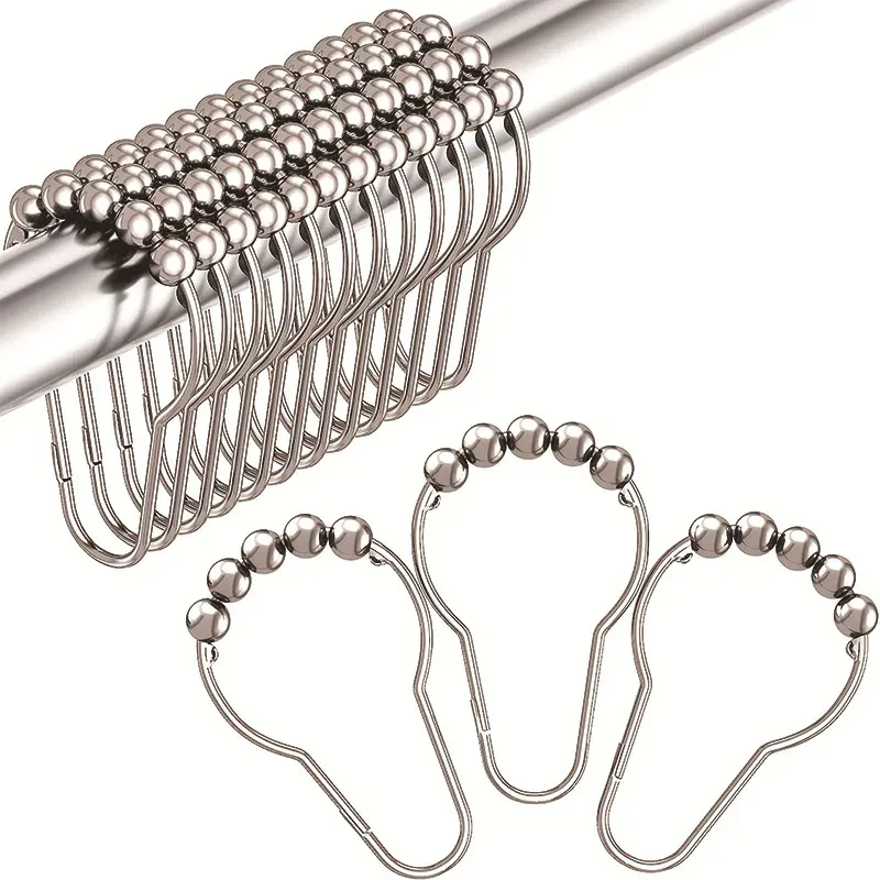 12 Stück/Packung, rostfrei, Badvorhang, Tintenroller, Duschvorhang, Ringe, Haken, 5 Rollen, poliertes Satin-Nickel-Kugelvorhang-Zubehör