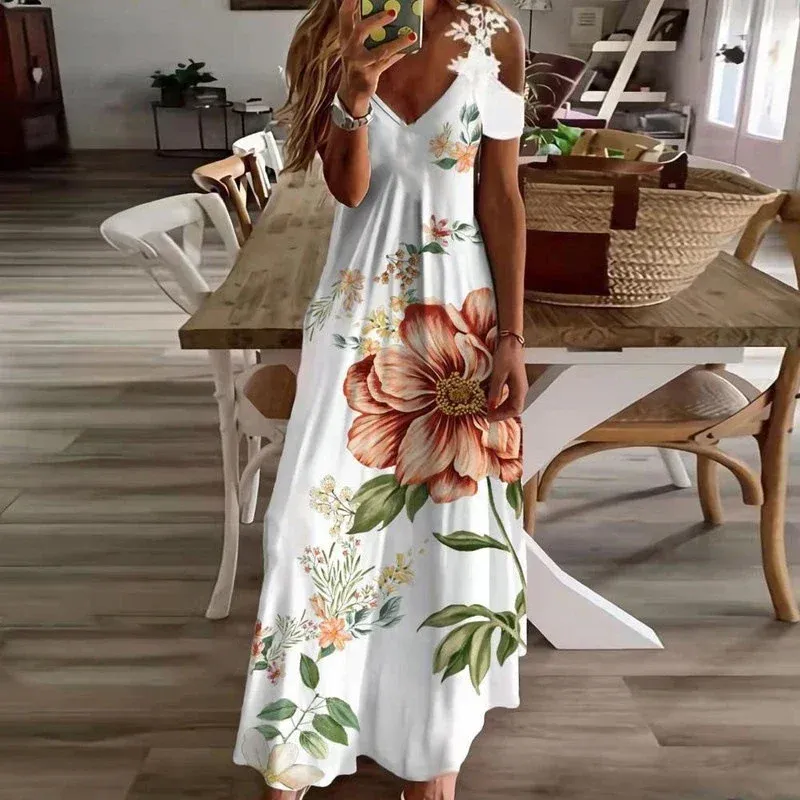 Damen bedrucktes weißes Spitzen-ärmelloses Trägerkleid, Sommermode, lässiges langes Kleid