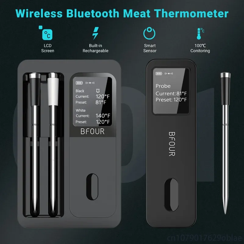 Kabelloses Bluetooth-Fleischthermometer, IP67, wasserdichte Sonden mit LCD-Bildschirm, wiederaufladbar, zum Grillen von Rauchern, Grillen