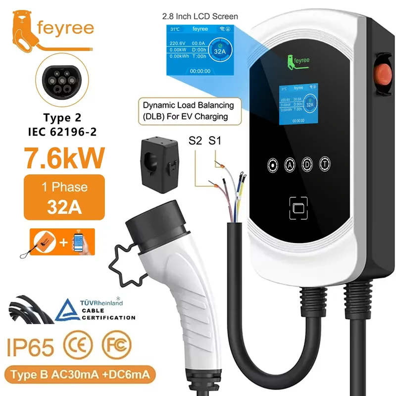 Feyree EV-Ladegerät, Typ2-Kabel, 32 A, 7,6 kW, dynamische Lastsdeckenung, EVSE Wallbox, APP-Funktion, 11 kW, 22 kW Ladestation, Elektroauto