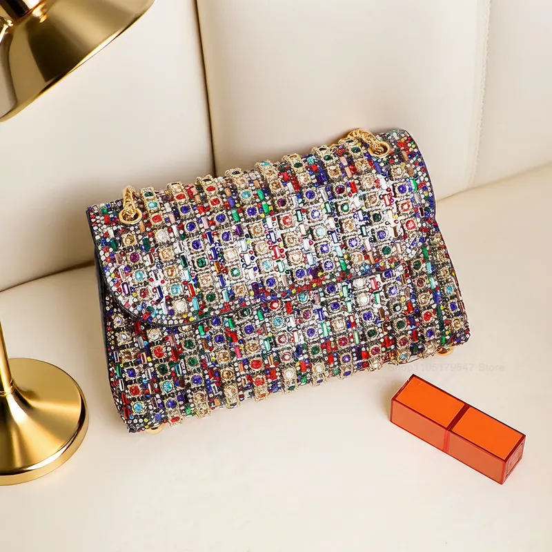 Mehrfarbige quadratische Abendtasche, luxuriöse Schultertasche, Handtasche mit Kette, für Hochzeit, Party, Strass, elegant, exquisit