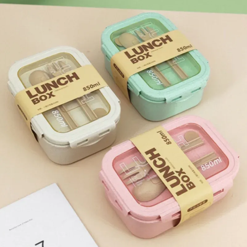 850 ml geteilte Lunchbox, tragbar, großes Fassungsvermögen, Mikrowellen-Bento-Box mit Gabel und Löffel, Lebensmittelaufbewahrungsbehälter für Schule, Camping
