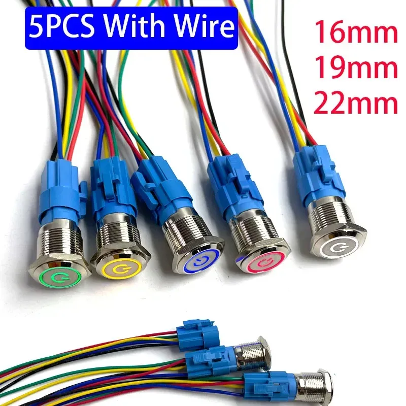5 Stück Metall-Drucktastenschalter 12 V 16 mm 19 mm 22 mm Ringlampe Stromsymbol Wasserdichtes LED-Licht Selbstsperre-Reset mit Stecker 220