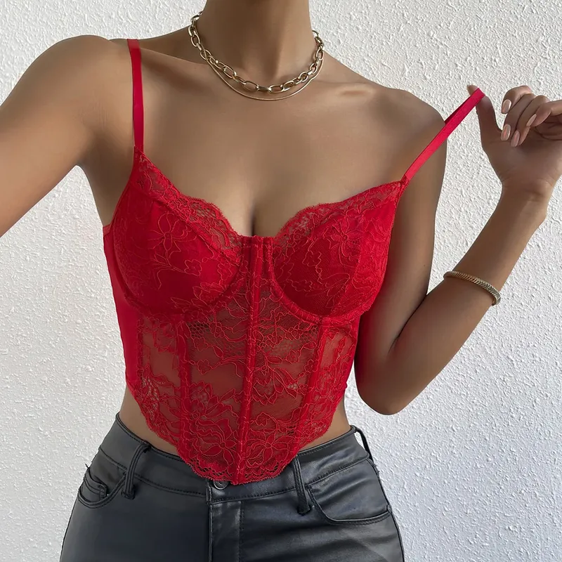 Französisches sexy Spitzen-Bügel-Rhomboid-Fischgräten-Crop-Top, rückenfrei, Hottie-Perspektive, Korsett, roter V-Ausschnitt, elegante und temperamentvolle Weste