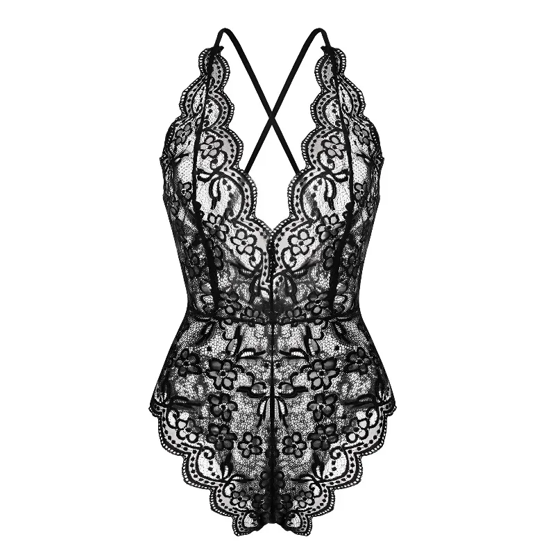 Damen Sexy Unterwäsche-Set Spitze Netz-Bodysuit Dessous Blumenmuster Transparente Nachtwäsche Durchsichtiger Einteiler BH-Set Tiefer V-Ausschnitt