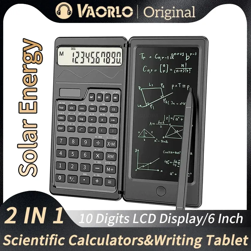Solarbetriebener wissenschaftlicher Taschenrechner und 6-Zoll-Schreibtablett, faltbares 10-stelliges LCD-Display für Büro, Studenten, Lehrer, Buchhalter