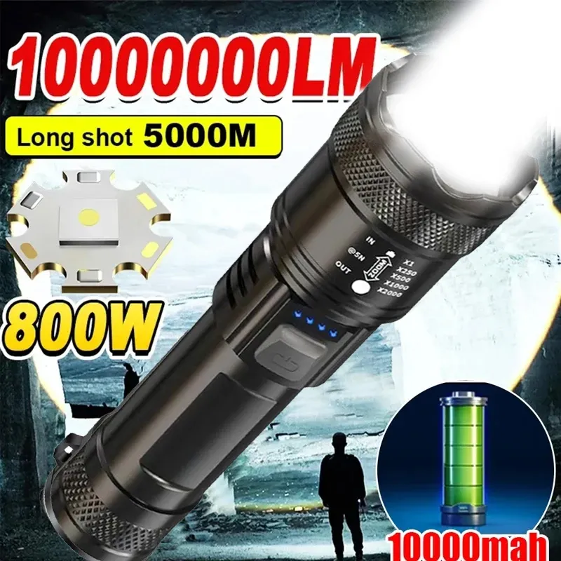 Hochstarke LED-Taschenlampen, 2000 lm, taktische Taschenlampe mit Display-Licht, USB-Aufladung, Camping, Angeln, Notfall-Zoom-Laterne