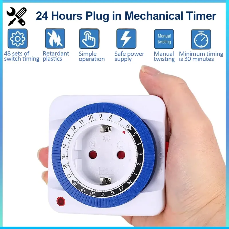 EU 24-Stunden-Zeitschaltuhr, Timer-Stecker, mechanisch, geerdet, programmierbar, intelligenter Countdown-Loop-Schalter, Steckdose für den Innenbereich, automatische Abschaltung