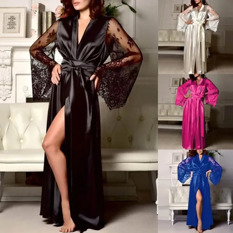 Frauen Nachthemd Sexy Lange Spitze Dessous Nachtwäsche Bademantel Kleid Nachahmung Eis Seide Nachthemd Einfarbig Nachthemd