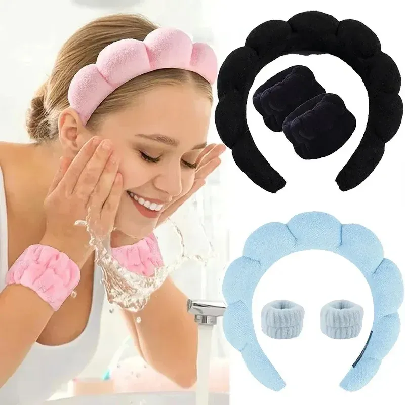 3-teiliges stilvolles Wasch-Stirnband-Set, Armbänder, Haargummis, Spa-Blasen-Stirnband zum Waschen von Gesicht, Make-up, Dusche, Hautpflege