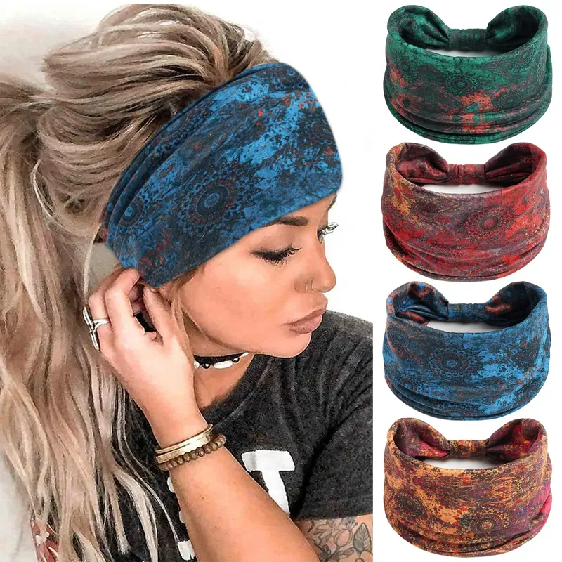Boho-Stirnbänder für Frauen, geknotet, breit, Kopfbedeckung, Turban, Yoga, Workout, Stirnbänder, Stretch-Haarbänder, Baumwoll-Bandana, Haar-Accessoires